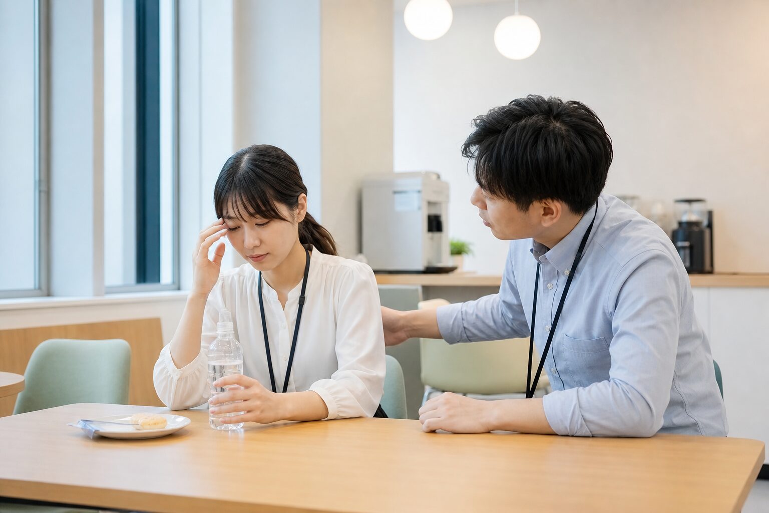 職場の休憩スペースで体調を整える従業員