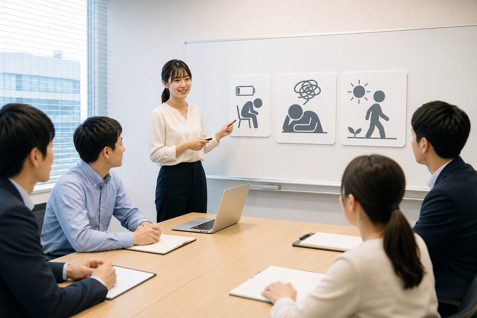 血糖値と業務パフォーマンスの関係を研修で学ぶ様子