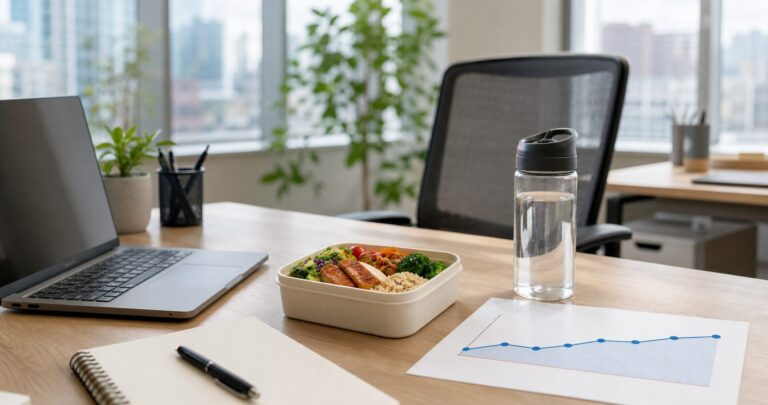 健康的な昼食と水分補給を用意したオフィスの机