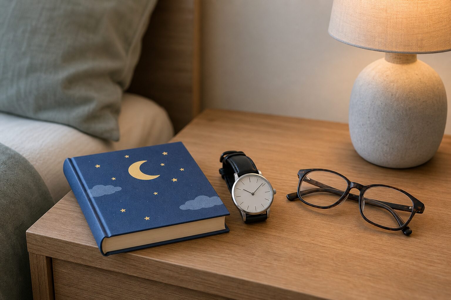 年代ごとの睡眠の違いを表す本と時計と眼鏡