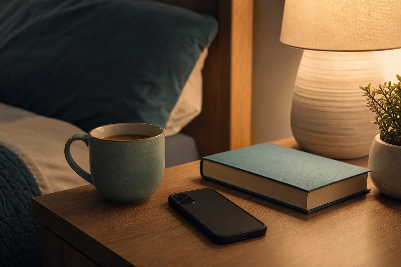 就寝前のカフェインとスマートフォン利用を見直すイメージ