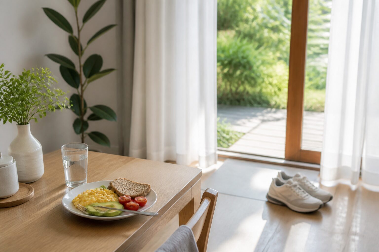 朝の光と朝食と歩く準備を整えた生活習慣のイメージ