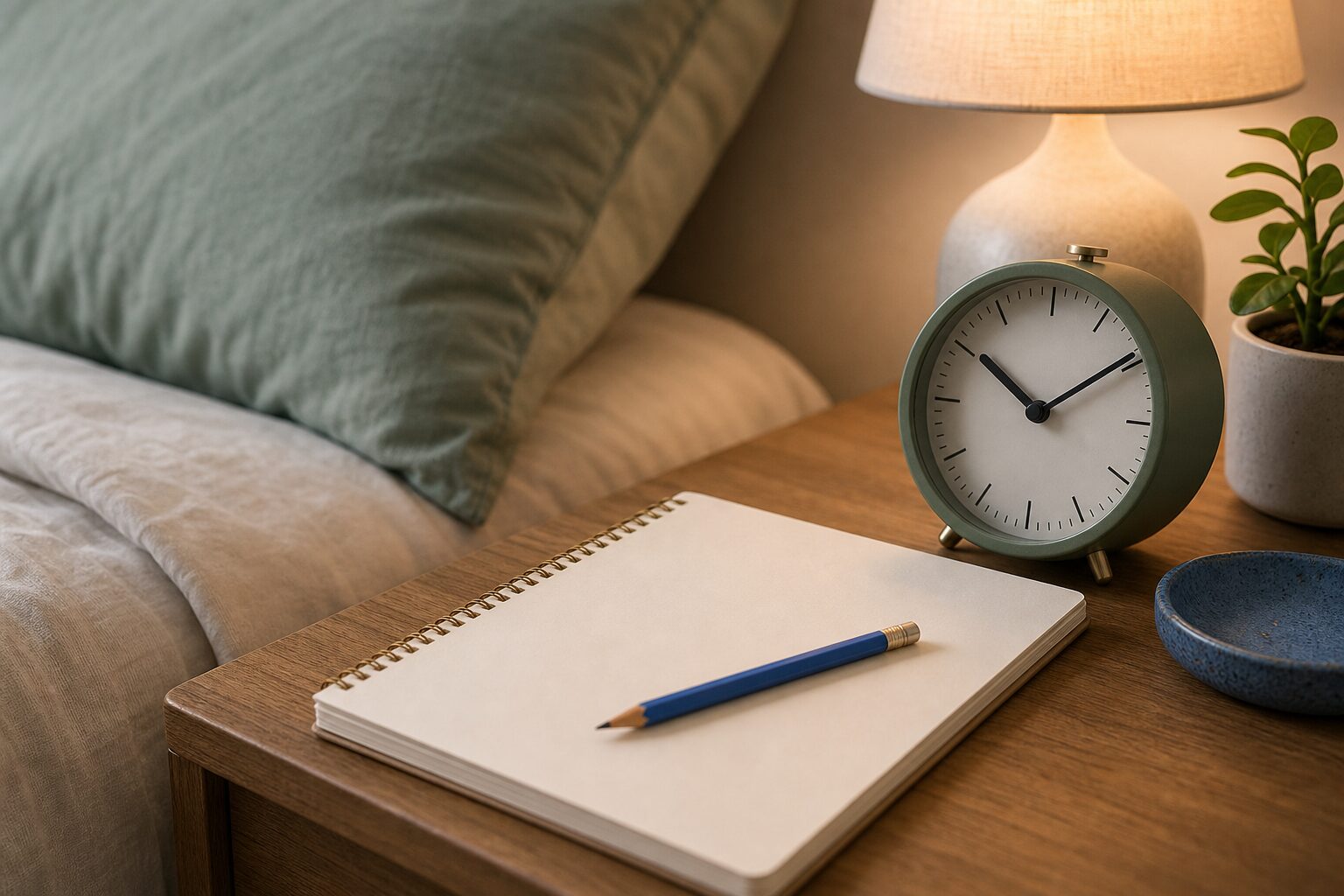 睡眠時間と休養感を記録するノートと時計