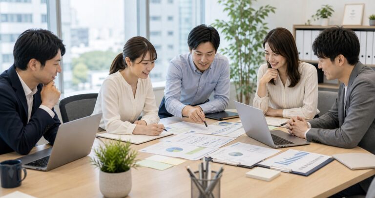 健康経営優良法人認定制度の申請準備について話し合う職場のチーム