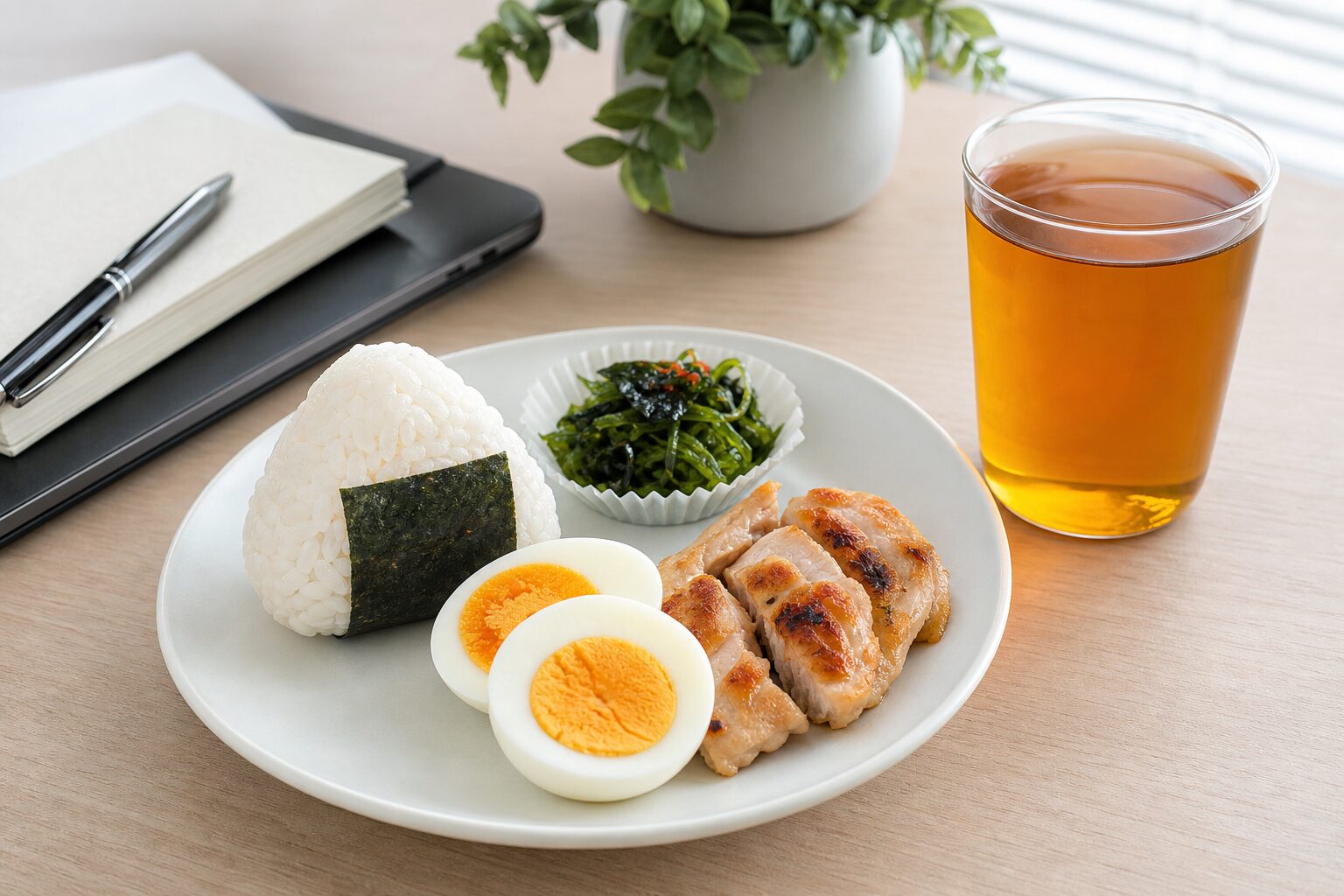 実践しやすい昼食例としてのおにぎりと卵と海藻サラダ