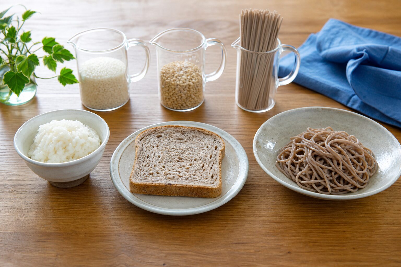 主食の量と種類を調整するためのご飯やそばのイメージ