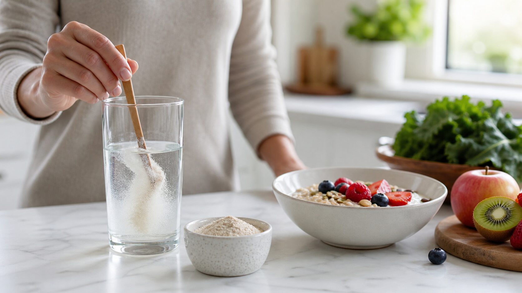 水溶性食物繊維を飲み物に混ぜるイメージ