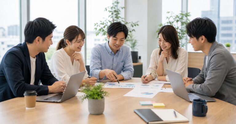 業務効率化と健康経営について話し合う職場のチーム