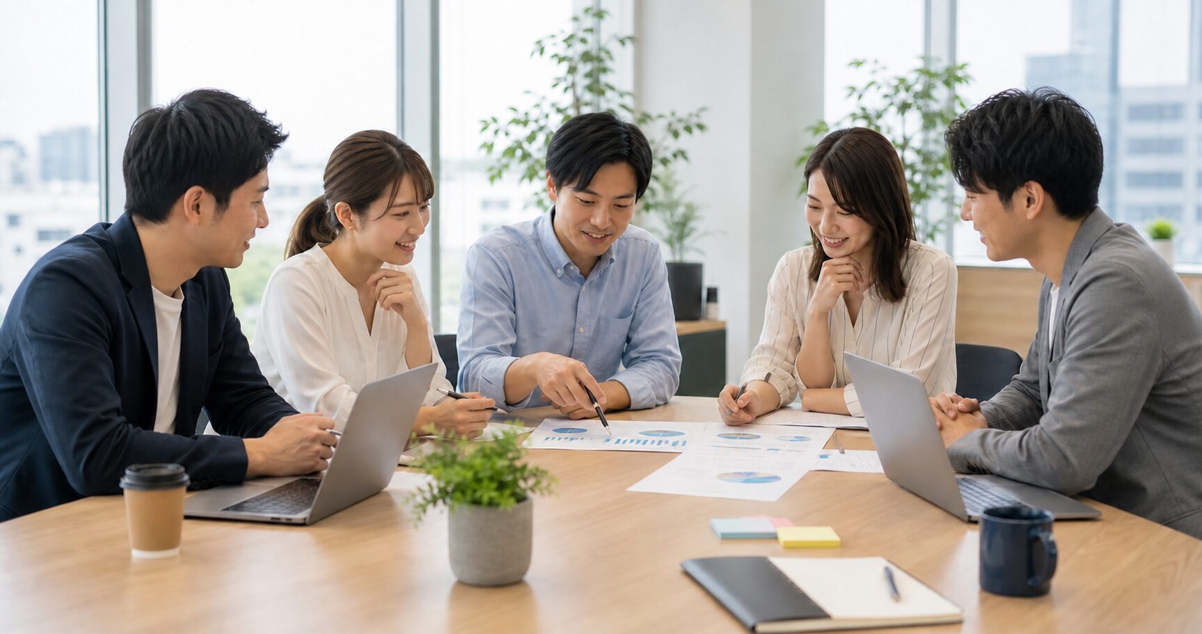 業務効率化と健康経営について話し合う職場のチーム