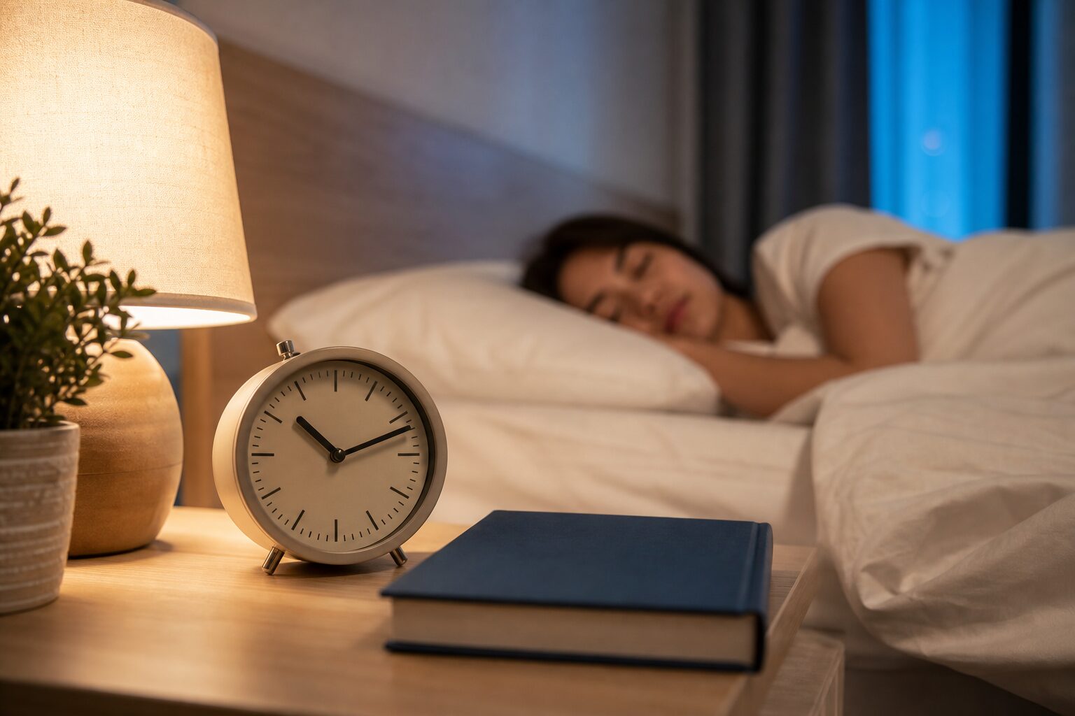 レム睡眠とノンレム睡眠を説明する章に添える寝室と時計の写真
