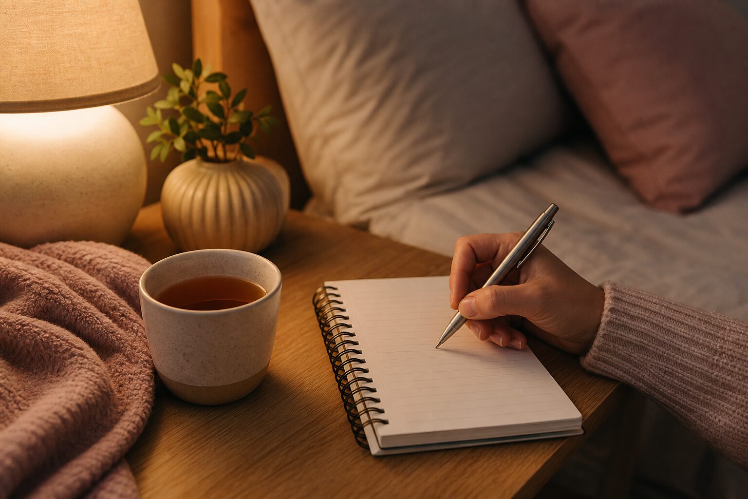 睡眠に関する疑問を書き留めるベッドサイドのノート