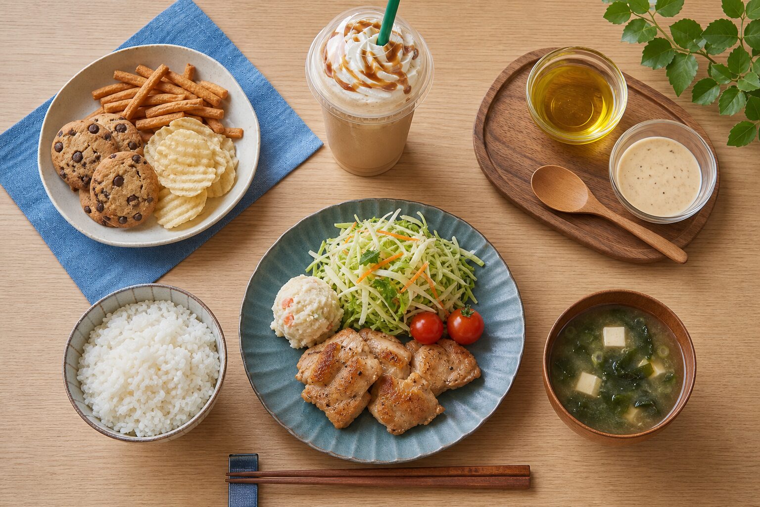 主食や間食、甘い飲み物、油脂など摂取量が増えやすい食品を示す生成画像