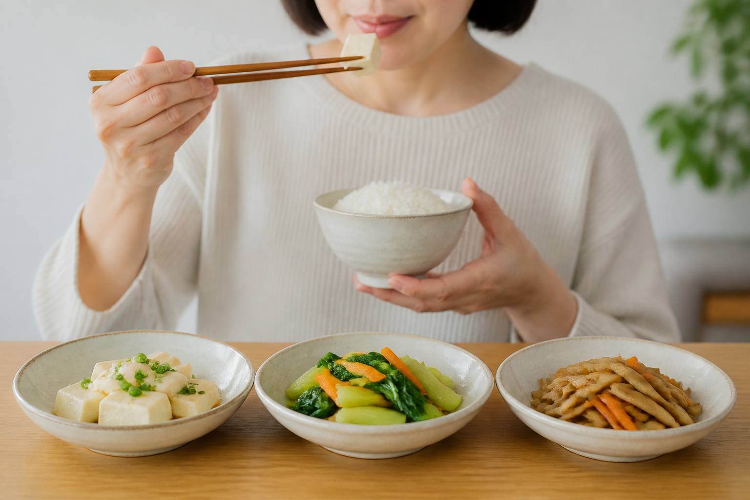 豆腐・野菜・根菜など食感の違う食品を食べる様子