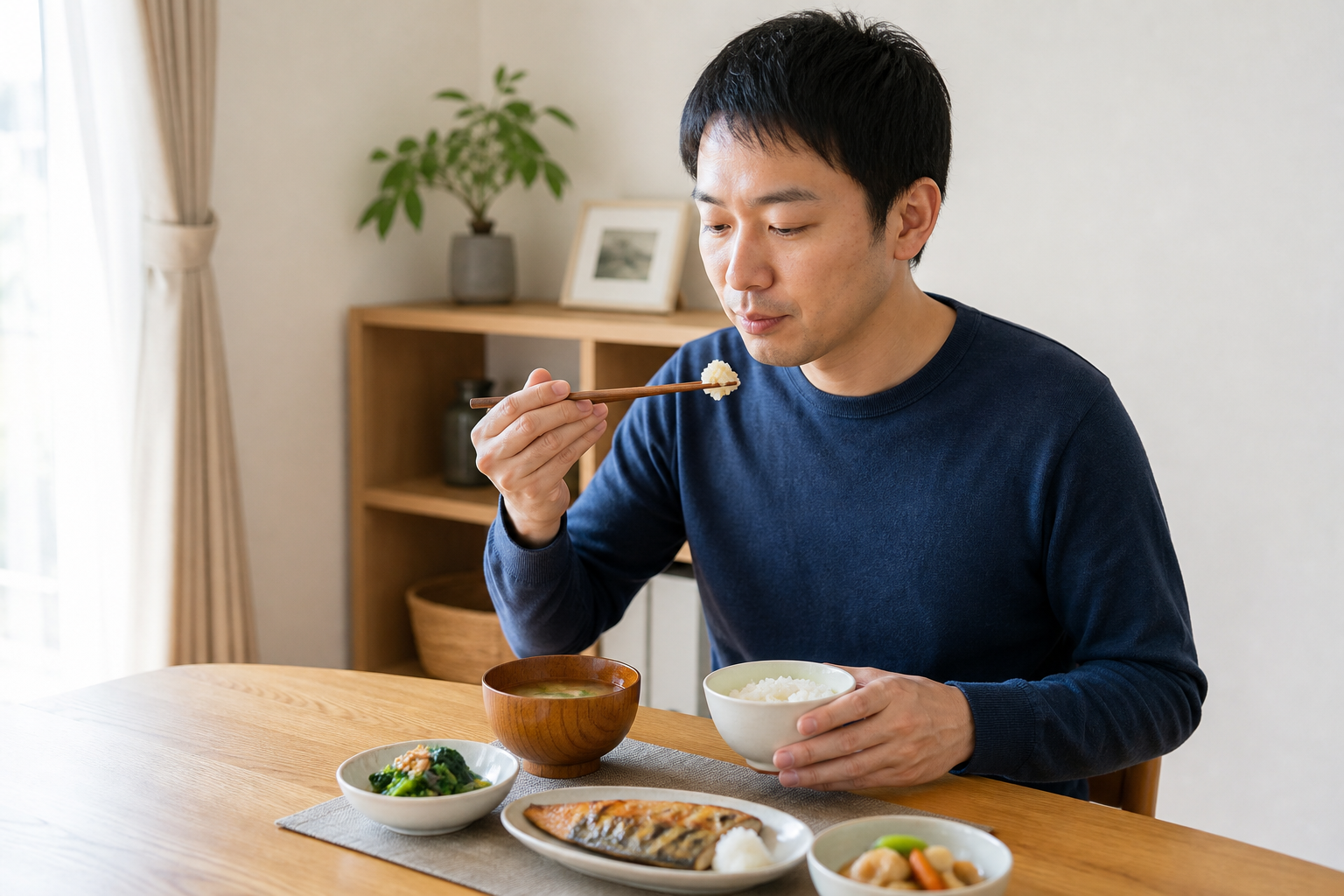 一口を小さくして箸を置きながら食事をする様子