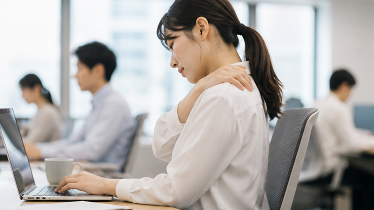 デスクワーク中に肩のこりを感じる社員のシーン