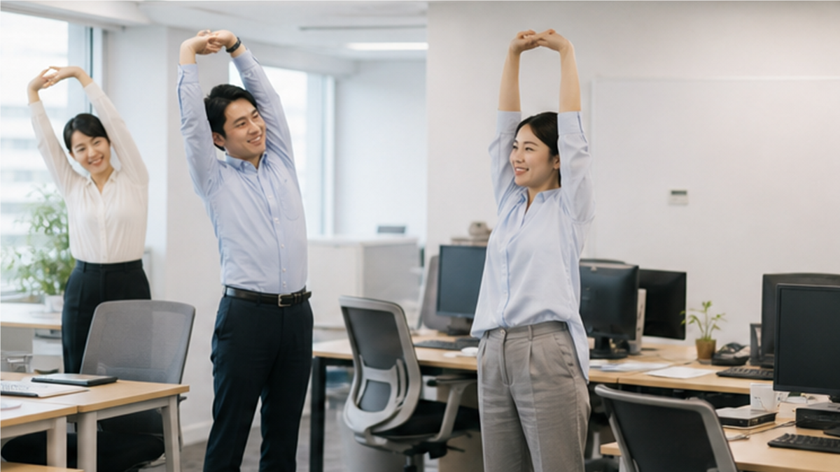 職場で短いストレッチ休憩を取る社員のシーン
