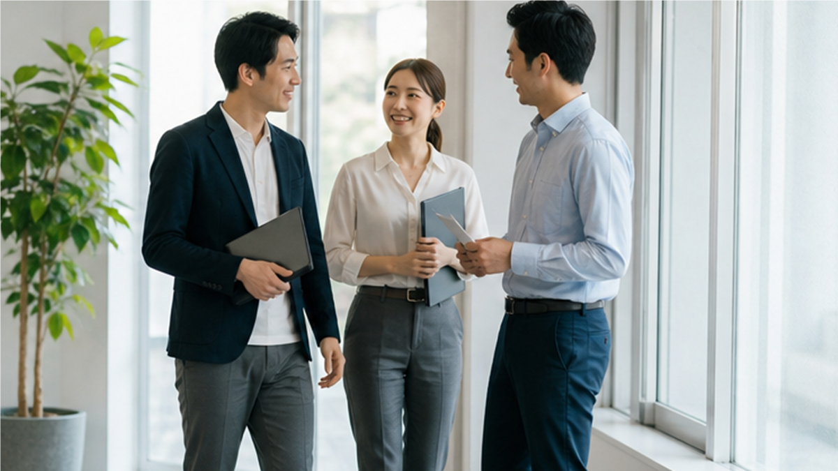 短い立ち話で座りっぱなしを減らす職場シーン