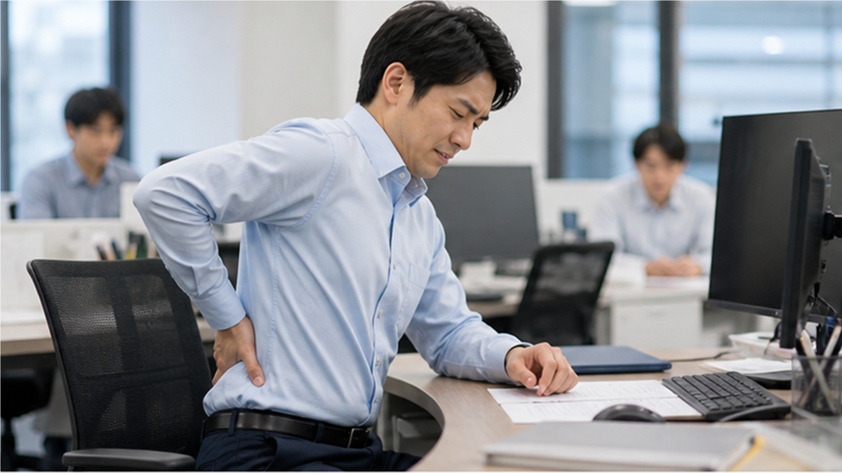 デスクワーク中に腰の違和感を感じる社員のシーン