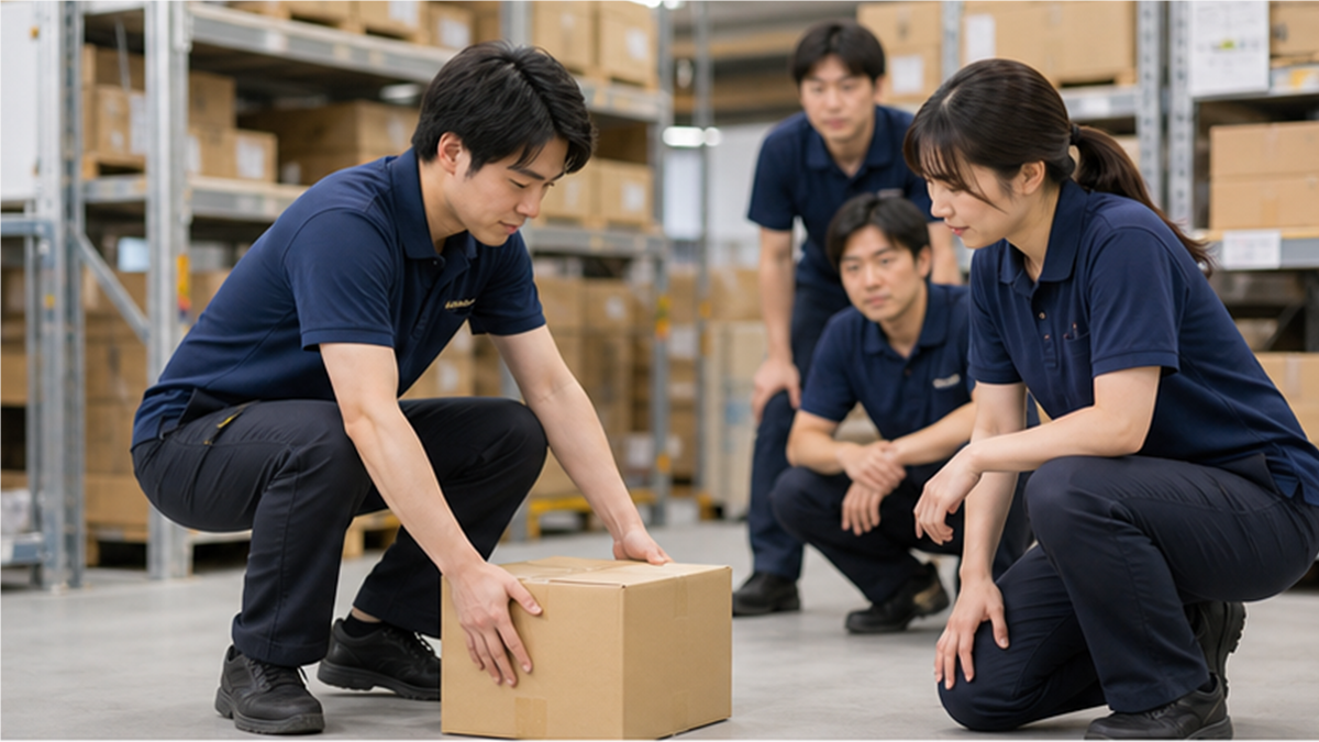 倉庫で安全な持ち上げ方を確認する社員のシーン
