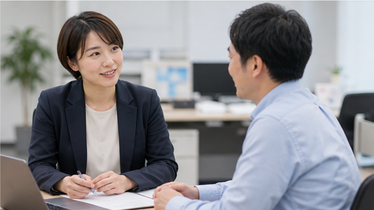 腰痛や働き方について上司に相談する社員のシーン