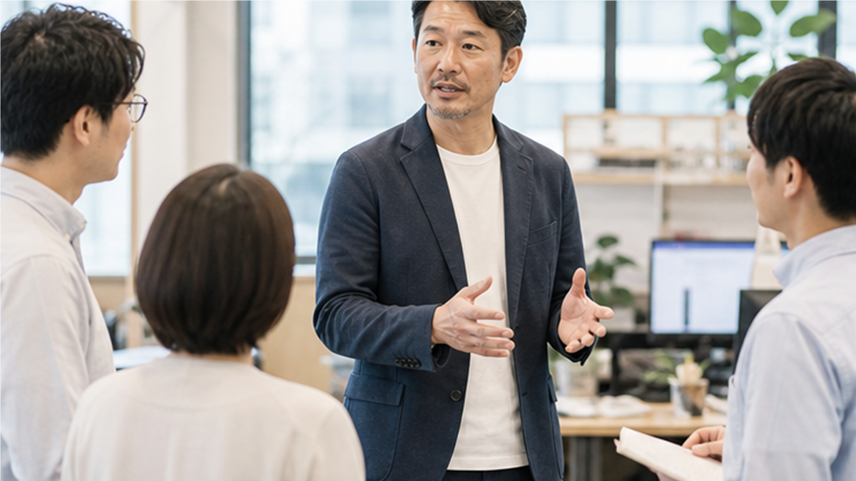 経営者が社員へ健康方針を伝える職場シーン