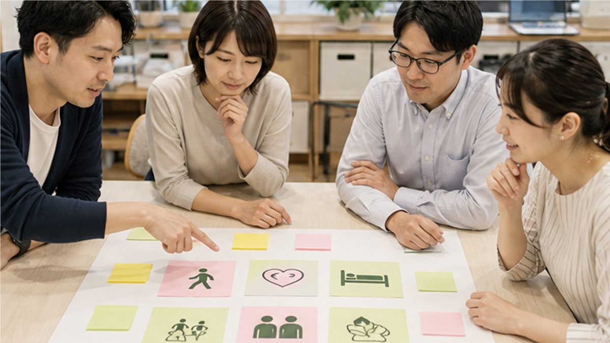 小規模企業で健康施策のテーマを選ぶミーティングシーン