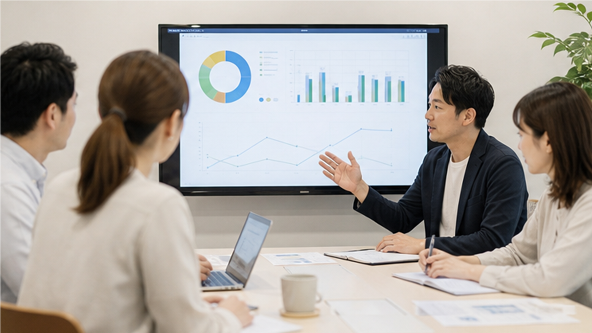 健康施策を振り返る社内ミーティングシーン