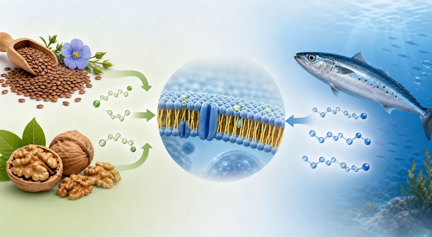 植物と魚に由来するオメガ3脂肪酸と細胞膜の関係を示すイラスト
