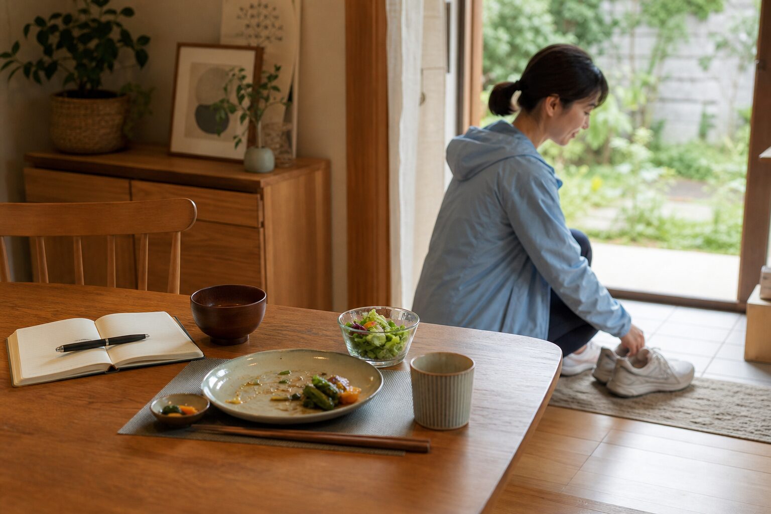 食事記録と散歩を生活習慣として無理なく続ける様子を表す生成画像