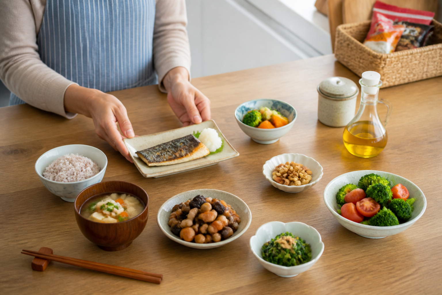 魚・野菜・豆・ナッツを組み合わせた家庭の食事